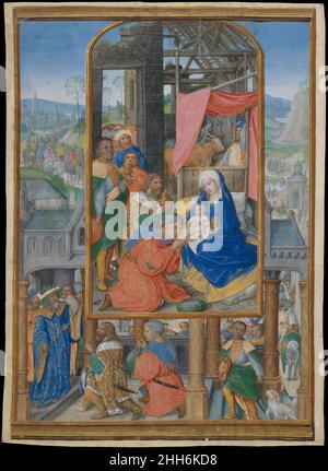 Illumination du manuscrit avec adoration du Magi ca.1515–25 Maître de James IV d'Écosse (probablement Gerard Horendout) dans cette page d'un livre de prières de dévotion, l'artiste a superposé une image de l'adoration dans l'histoire du voyage des Magi à l'écurie de Bethléem.En arrière-plan, les Magi sont représentés en route, tandis que dans la bordure en dessous ils apparaissent avant Hérode.Le peintre de cette miniature a créé des manuscrits pour la royauté européenne, dont James IV, roi d'Écosse, et la reine Isabella d'Espagne.Il peut être identifié comme Gerard Horenbut, qui est devenu un ma Banque D'Images