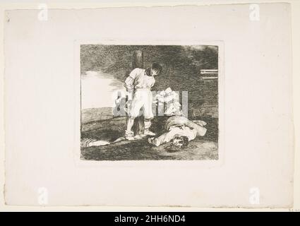 Planche 15 de 'les désastres de la guerre' (Los Desastres de la Guerra): 'Et il n'y a pas d'aide.'(O sans correction hai.)1810 Goya (Francisco de Goya y Lucientes) Espagnol au centre, lié à un pieu, un homme espagnol aveuglé est sur le point d'être exécuté par des soldats français.Derrière lui, un escadron ouvre le feu sur d'autres prisonniers.Le cycle culmine avec les deux cadavres qui se trouvent sur la terre au premier plan.Goya a condensé les trois moments pour faire avancer le déroulement de la mort de la victime liée en tirant sur l'escouade, une histoire racontée dans le présent tendu.Les fusils intrus créent l'impression d'observat fortuit Banque D'Images