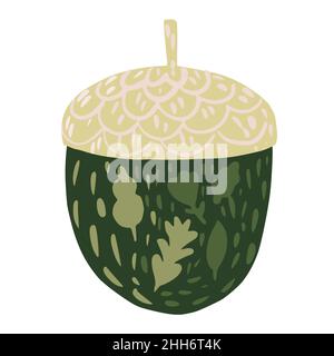 Acorn isolé sur fond blanc.Couleur vert gland d'automne avec fleurs et feuilles dessinées à la main dans l'illustration vectorielle de style Doodle. Illustration de Vecteur