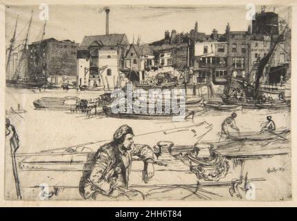 Black Lion Wharf 1859 James McNeill Whistler American lorsqu'il s'installe à Londres en 1859, Whistler s'est logé près de la Tamise dans les docklands au sud de Tower Bridge et a commencé à faire des gravures sur la rivière.De nouveaux modes visuels sont explorés ici, avec des formes rognées et des zones spatiales distinctes rappelant des gravures japonaises en bois, un genre qu'il a commencé à collectionner à Paris.En empruntant un effet des photographies, il met les entrepôts éloignés au point, mais traite les formes plus proches de manière générale.Fabriqué en 1859, ce gravage n'a été publié qu'en 1871 dans Une série de seize gravures de scènes sur la Tamise et d'autres Sub Banque D'Images