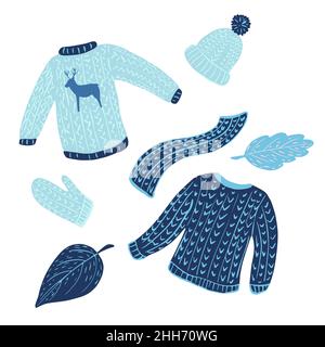 omposition des chandails, chapeaux, foulards et feuilles sur fond blanc.Vêtements d'hiver : chandail, mitaine, casquette, écharpe et main à motif feuillage Illustration de Vecteur