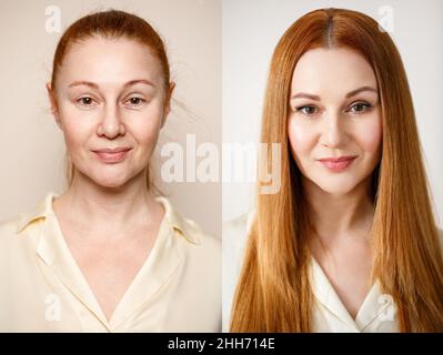 Femme avant et après le maquillage..Le concept de transformation, beauté après application de maquillage avec un artiste de maquillage.Résultat sans retouche Banque D'Images