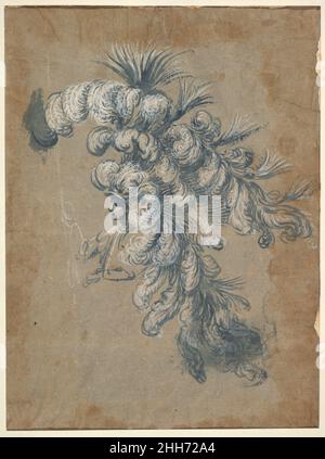 Design pour une somptueuse adresse de cuir avec des plumes de ca.1620–56 peut-être par Baccio del Bianco Design italien pour une coiffure, généreusement rempli de plumes longues organisées en trois niveaux de hauteur différente.L'adresse est présentée sur la tête d'une figure orientée vers la gauche.Design pour un cuir de cuir avec plumes 410273 Banque D'Images