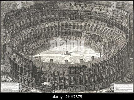 Veduta dell'Anfiteatro Flavio detto il Colosseo, de: 'Vedute di Roma' (vues de Rome) 1776 Giovanni Battista Piranesi Italien Piranesi connaissance approfondie du Colisée - il avait déjà produit trois vues de ce plus célèbre des ruines romaineset sa compétence en rendu de perspective lui a permis de produire cette vue magnifique de l'ancien amphithéâtre vu comme si de l'air.En permettant au monument de remplir toute la feuille de papier et en plaçant de minuscules figures au centre de l'image, Piranesi véhicule efficacement l'immensité de la ruine, tandis que la vue d'oiseau-oeil révèle le plan Banque D'Images