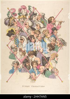 Personnages publics le 1 avril 1801 Thomas Rowlandson British Rowlandson et Woodward ont collaboré sur ce panneau de têtes exubéres, caché derrière des rubans, comme dans des tableaux à billets à l'ancienne. L'image représente des figures bien connues en politique, en théâtre et en société.Quatre politiciens ancrent la composition.Au centre, Charles James Fox, aux cheveux foncés et non rasés, est confronté à son principal rival, le grand, mince, aux cheveux blancs William Pitt le plus jeune.Entre eux avec des cheveu courts, George Tierney, un Whig radical dont les remarques scandaleuses ont conduit à un duel avec Pitt en 1797.Juste au-dessus de Fox est le jeu Whig Banque D'Images