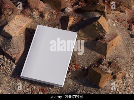 Maquette de livre vierge placée sur une maquette délabrée, maquette d'ordinateur portable, maquette sur fond de nature 01 Banque D'Images