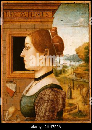 Portrait d'une femme, éventuellement Ginevra d'Antonio Lupari Gozzadini 1494?Attribué au Maestro delle Storie del pane ce portrait et son pendentif (1975,1.96) représentent un mari et une femme de la famille Gozzadini de Bologne; les armoiries de la famille apparaissent bien en évidence dans les deux tableaux.La frise architecturale inscrite en arrière-plan, qui traverse les deux panneaux, témoigne de la fonction commémorative des portraits: VT SIT NOSTRA FORMA SVPERSTES (afin que nos caractéristiques puissent survivre).Probablement faits pour célébrer un betrothal ou mariage, les portraits contiennent de nombreuses allusions à Banque D'Images