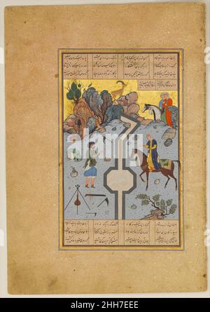 'Farhad Carves a Milk Channel for Shirin', Folio 74 d'un Khamsa (Quintet) de Nizami A.H. 931/A.D.1524–25 Nizami dans l’histoire de Khusrau et de Shirin par Nizami, la princesse Shirin a un admirateur ardent dans le talentueux sculpteur et stonemason, Farhad.Lorsque Shirin désire du lait provenant d’un troupeau de chèvres qui se broutent dans un champ lointain, Farhad s’installe pour couper un canal entre les pâturages de montagne des chèvres et une piscine au pied du palais de Shirin.Dans ce tableau, Shirin visite Farhad à la fin de sa piscine.Au sommet de la composition, une cavore de chèvre dans sa maison à flanc de colline.'Farhad Carves Banque D'Images