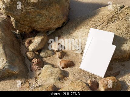 Modèle de livre vierge placé sur des rochers dans le sable, maquette de bloc-notes, maquette sur fond de nature 04 Banque D'Images