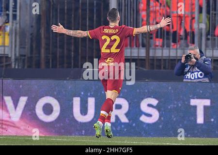 Stade Carlo Castellani, Empoli, Italie, 23 janvier 2022,Nicolo Zaniolo (Roma) célèbre après avoir obtenu un but pendant Empoli FC vs AS Roma - italian soccer série A Match Credit: Live Media Publishing Group/Alay Live News Banque D'Images