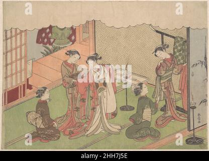 La cérémonie du mariage probablement 1768 Suzuki Harunobu japonais d'une série narrative de sept feuilles décrivant le mariage traditionnel japonais, cet imprimé montre la cérémonie ironaoshi au cours de laquelle la mariée est aidé par les préposés à changer de ses robes de mariage en soie blanche en vêtements ordinaires,que nous voyons pendre sur un rack.La cérémonie du mariage 51994 Banque D'Images