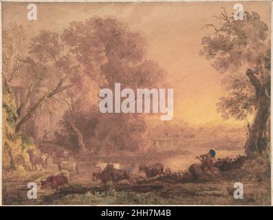 Paysage arcadien 1820–42 George Barret, le jeune britannique Membre fondateur de la vieille Société des peintres en couleurs de l'eau en 1805 et auteur de «la théorie et la pratique de la peinture de l'eau-couleur» (1840), George Barret compte parmi les dessinateurs les plus influents de sa génération.Dans son paysage idyllique d'aquarelles, Barret cherche à reproduire les tons dorés des peintures à l'huile vernie de Claude Lorraine (1600–1682) et de Nicolas Poussin (1593/94–1665).Ici, une masse de feuilles fiery, son motif irrégulier obtenu par couches superposées de liquides lave, remplit le centre de la com Banque D'Images