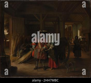 Payer l'hôtesse ca.1670 Pieter de Hooch Dutch le sujet d'un jugement contesté n'est pas commun dans l'art hollandais, mais se trouve dans l'une des photos de de de Hooch Delft, en date de 1658, et dans les journaux de voyageurs de l'époque.Dans cette œuvre mature des années Amsterdam de l’artiste, la jolie hôtesse d’une auberge de campagne explique sa méthode de comptabilité à une cliente fatiguée et molave.Le couple apparemment flirtatif est entouré d'effets de lumière habilement diversifiés.Payer l'hôtesse 436677 Banque D'Images