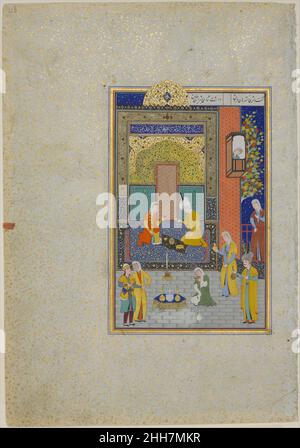 'Gur Bahram dans le Palais jaune le dimanche', Folio 213 d'un Khamsa (Quintet) de Nizami A.H. 931/A.D.1524–25 Nizami le Haft Paikar (sept Portraits) est l'un des cinq poèmes de la Khamsa de Nizami.La poésie est mystique, illustrant la suprématie de l'amour divin sur les plaisirs terrestres.Dans l'histoire, Bahram Gur épouse sept princesses des sept régions du monde et visite chacune d'elles dans son propre pavillon les nuits successives.Ici, lui et la princesse de Rum s'assoient dans le pavillon jaune sous un ciel étoilé.Les jaunes audacieux des robes des personnages s’opposent aux motifs complexes de t Banque D'Images