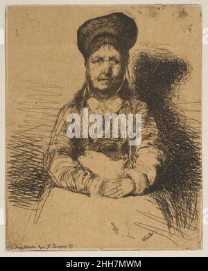 La Régameuse 1858 James McNeill Whistler l'américain Whistler décrit une femme âgée pauvre dans une jarretie à l'ancienne portant un capot distinctif.« la Régameuse » se traduit par « bricoleur », un réparateur itinérant de tinlware et le sujet a poussé ce qui peut être une navette, ou une grande cuillère, dans la taille de son tablier.Plusieurs des gravures que l'artiste a publiées dans 'Douze eau-fortes d'apres nature' (douze gravures de la nature) en 1858 sont le centre des femmes françaises qui ont travaillé dans la vieillesse.Il les a présentés sans sentiment ni idéalisation, mais avec une conscience que la société avait besoin de leurs compétences Banque D'Images