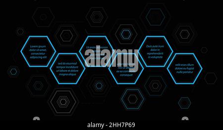 Modèle d'infographie sur le thème sombre à six options avec blocs hexagonaux Illustration de Vecteur