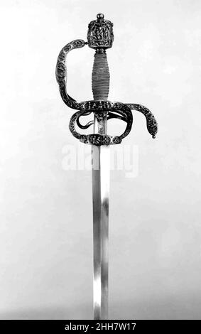 Rapier d'Ambrogio Spinola (1569–1630) avec le barde de Chape ca.1600 hilt inscrit M. I. F. le hilt est finement décoré avec de petites mais étonnamment détaillées scènes de l'ancien Testament, encerclés par l'identification des inscriptions en latin et en français.Le hilt est paraphé M.I.F. trois fois par un médaillé ou sculpteur non identifié.Le nom du propriétaire, Ambrogio Spinola (1569-1630), commandant en chef des forces espagnoles dans le nord des pays-Bas de 1604 à 1609, est inscrit au dos de la garde-pivot.Rapier d'Ambrogio Spinola (1569–1630) avec le crapaud.Europe du Nord, possible Banque D'Images