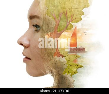 Portrait de profil d'une femme combiné à un tableau.Peinture. Banque D'Images