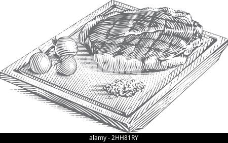 steak de viande sur panneau de bois dessin à la main croquis gravure style d'illustration Illustration de Vecteur