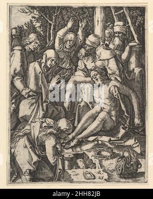 La déposition; Christ étant pris de la Croix, un homme sur une échelle tient le corps tandis que Saint Jean soutient le poids avec une corde en tissu, après Dürer ca.1500–1534 Marcantonio Raimondi scène de la déposition italienne de 'la passion du Christ' après la 'petite passion' d'Albrecht Dürer.La déposition; Christ étant pris de la Croix, un homme sur une échelle tient le corps tandis que Saint Jean soutient le poids avec une corde en tissu, après Dürer.La passion du Christ.Marcantonio Raimondi (italien, Argini (?)env.1480–avant 1534 Bologne (?)). Env.1500–1534.Gravure; deuxième état de trois.PR Banque D'Images