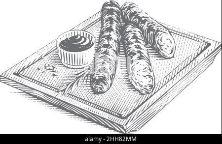 faire griller la saucisse sur la planche à découper dessin à la main croquis gravure style d'illustration Illustration de Vecteur