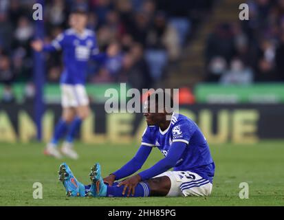 Leicester, Royaume-Uni.23rd janvier 2022.Patson Daka, de Leicester City, réagit à une blessure lors du match de la Premier League au King Power Stadium de Leicester.Crédit photo à lire : Darren Staples/Sportimage crédit : Sportimage/Alay Live News Banque D'Images