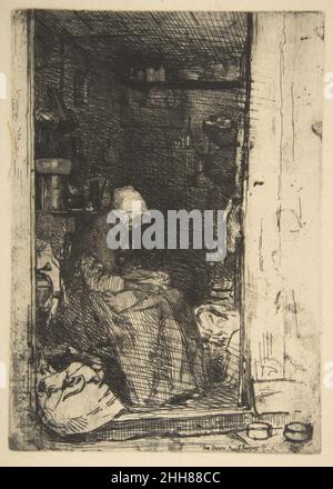 La Vieille aux loques 1858 James McNeill Whistler American après avoir visité la Rhénanie au cours d'une tournée été-automne en 1858, Whistler a créé cette image d'une femme âgée triant des chiffons (loques).Il développe ici une formule à laquelle il retournerait souvent, en utilisant une entrée ouverte pour encadrer un intérieur de recul qui contient des figures et des objets.Comme 'la mère Gérard' et 'la Régameuse', l'artiste se concentre sur une vieille femme qui travaille, digne mais sans sentiment.Créé fin 1858 c'est l'un des plus complexes reproductions de 'Douze eaux-fortes d'après nature' (douze gravures de la nature), l'artiste Banque D'Images