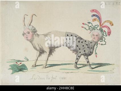 Les deux sont mais un (les deux ne font qu'un) fin du 18th siècle Anonyme, français, 18th siècle français au cours des premières années de la révolution française, le roi Louis XVI a rarement été ridiculisé dans des imprimés.Ce n'est qu'après la nuit du 20 juin 1791 - quand lui et sa famille ont tenté de fuir Paris pour un bastion Royaliste, où il espérait commencer une contre-révolution - que l'opinion publique s'est résolument tournée contre lui.Louis et la reine Marie-Antoinette devinrent alors fréquemment la cible des caricaturistes français, qui les dépeignent souvent dans une sorte d'anthropomorphisme inverse, comme des animaux à tête humaine. Banque D'Images