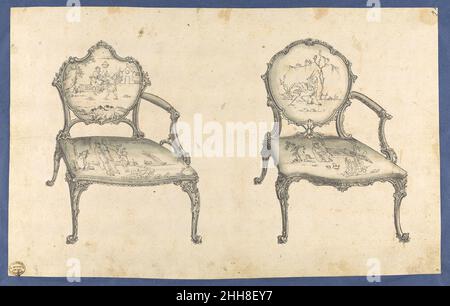 Deux chaires françaises, dans Chippendale Drawing, vol. I 1753 Thomas Chippendale British dessin préparatoire pour le « gentleman and Cabinet Maker's Director » de Thomas Chippendale.Publié à l'envers comme plaque XIX dans les éditions 1754 et 1755, mais non réimprimé dans l'édition 1762.Deux chaires françaises, dans Chippendale dessins, vol. I 390490 Banque D'Images