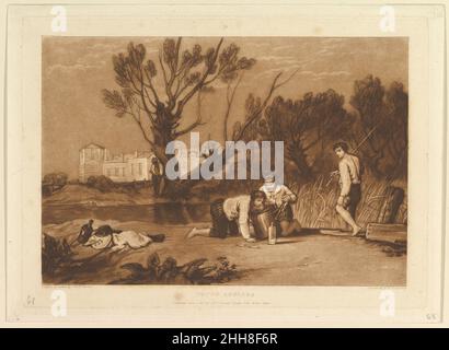 Young Anglers (Liber Studiorum, partie VII, planche 32) 1 juin 1811 conçu et gravé par Joseph Mallord William Turner British Turner distillé ses idées sur le paysage dans 'Liber Studiorum' (latin pour le livre des études), une série de soixante-dix imprimés plus une frontispice publiée entre 1807 et 1819.Pour établir les compositions, il a fait des dessins d'aquarelle marron, puis gravé des contours sur des plaques de cuivre.Les graveurs professionnels ont généralement développé le ton sous la direction de Turner, et Dunkerton a ajouté ici mezzotint pour décrire les garçons rassemblés près d'un étang, probablement dans Marylebone Fields (plus tard développé Banque D'Images