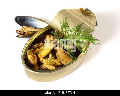 Moules en conserve dans une boîte isolée sur fond blanc Banque D'Images