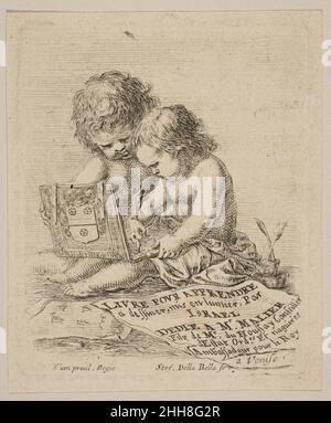 Planche 1: Deux enfants assis sur le sol, l'enfant sur le dessin droit tandis que l'enfant sur la gauche tenant l'album, la page de titre de 'The Book for Learning to Draw' (Livre pour l'apprentissage à dessiner) ca.1649 Stefano della Bella Italien.Planche 1: Deux enfants assis sur le sol, l'enfant sur le dessin à droite tandis que l'enfant sur la gauche tient l'album, la page de titre de 'The Book for Learning to Draw' (Livre pour l'apprentissage à dessiner) 377013 Banque D'Images