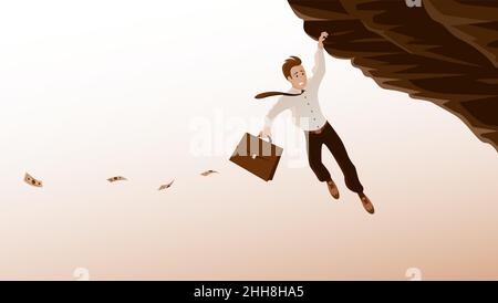Un homme d'affaires est dangereusement au bord d'un rocher.Mallette à portée de main.L'argent s'envole.Symbole de risque ou de crise économique.Dessin animé vectoriel illustrati Illustration de Vecteur