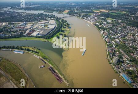 Vue aérienne, inondation du Rhin, l'embouchure de la Ruhr dans le Rhin, la sculpture de l'orange du Rhin, la Ruhrort, Duisburg, région de la Ruhr,Rhénanie-du-Nord-Westphalie, Allemagne, DE, Banque D'Images