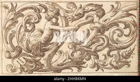 Conception de panneau horizontal avec un jeune homme et une créature fantastique entrelalée entre Acanthus Rinteaux 17th siècle (première moitié) Anonyme, Italien, Venetian, 17th siècle Italien Design pour un panneau horizontal rempli d'un acanthus renceau.Au milieu, une figure de boyish dont le corps inférieur se compose de feuilles d'acanthus, interagit avec une créature fantastique avec le corps d'un serpent et d'une tête d'oiseau.Conception de panneaux horizontaux avec un jeune homme et une créature fantastique entrelalée entre Acanthus Rinteaux 410854 Banque D'Images
