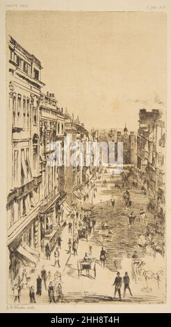 St. James's Street--1878 juin le 2 juillet 1878 après James McNeill Whistler l'image urbaine animée de Whistler American se concentre sur une artère centrale de Londres qui relie le Pall Mall et Piccadilly.La vue a été prise de la terrasse de ce qui était alors l'hôtel Albermarle sur Piccadilly, en regardant la descente vers le Palais Saint-James, un complexe de bâtiments Tudor qui a donné leur nom à la rue et au quartier environnant.Au premier plan, un policier se tient, peut-être en train de diriger la circulation, près des auvents qui protègent les magasins.D'après une gravure un peu plus ancienne de Whistler (voir 17,3.74), cette lithographie inverse Banque D'Images