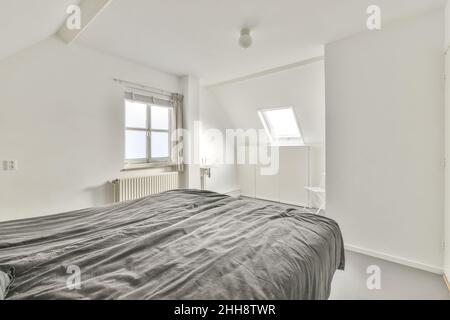 Chambre blanche moderne avec lit double gris et puits de lumière. Banque D'Images