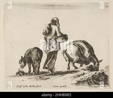 Assiette 13: Une paysanne, vue de l'arrière, tenant un panier au centre, un âne à gauche et un cheval avec un sac de dos à droite, de 'DIDIVIDIQUE capricci' ca.1644–47 Stefano della Bella Italien.Assiette 13: Une paysanne, vue de l'arrière, tenant un panier au centre, un âne à gauche et un cheval avec un sac à dos à droite, de 'dividividiccapricci' 376512 Banque D'Images