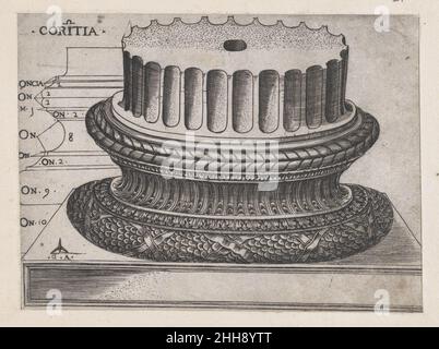 Spéculum Romanae Magnificatiae : base corinthienne ca.1537 Monogrammiste G.A. et le Caltrop Italien cet imprimé provient de la copie du musée du Speculum Romanae Magnificatiae (le miroir de la magnificence romaine) le Speculum a trouvé son origine dans les activités d'édition d'Antonio Salamanca et d'Antonio Ladreri.Au cours de leur carrière dans l'édition romaine, les deux éditeurs étrangers - qui ont travaillé ensemble entre 1553 et 1563 - ont lancé la production de tirages d'œuvres d'art, d'architecture et de vues de ville liées à Rome antique et moderne.Les tirages pourraient être achetés individuellement par les touristes et Banque D'Images