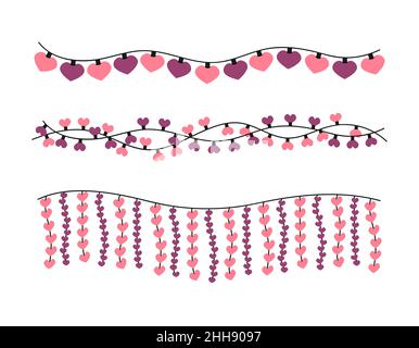 Guirlande de Saint-Valentin.Lumières de coeur suspendues isolées.Décoration de fête de la Saint-Valentin.Collection de guirlandes plates vectorielles aux couleurs roses. Illustration de Vecteur