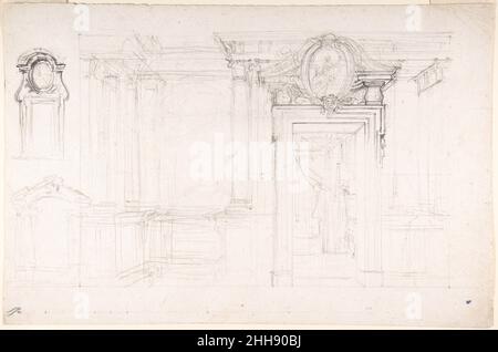 Esquisse architecturale pour la conception d'un mur avec porte, avec deux plus petites esquisses pour la conception de fenêtres ou de portes (recto); esquisses pour une vue en plan et en perspective partielle du plafond (verso) 1700–1773 Luigi Vanvitelli Italien.Esquisse architecturale pour la conception d'un mur avec porte, avec deux plus petites esquisses pour la conception de fenêtres ou de portes (recto); esquisses pour une vue en plan et en perspective partielle du plafond (verso) 341563 Banque D'Images