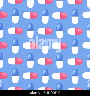 Motif de carreaux sans couture pour la pharmacie.Arrière-plan bleu Healthcare.Capsules médicales colorées.Illustration vectorielle plate. Illustration de Vecteur