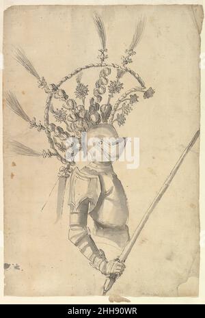 Créez une armure avec Tournament Headdress ca.1620–56 peut-être par Baccio del Bianco Italian View dans les trois quarts d'un dessin pour une armure (face à droite).L'armure elle-même est relativement simple, mais le casque a été décoré avec une adresse élaborée, en forme de lézard avec une queue très somptueuse composée de plumes et de panaches.Créez une armure avec Tournament Headdress 410276 Banque D'Images