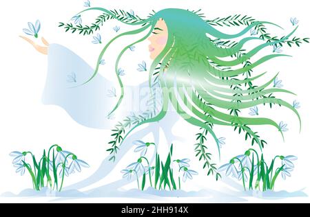 Illustration vectorielle de la Déesse du printemps.Les chutes de neige ont fleuri, le printemps est arrivé.La jeune fille du printemps éveille la nature Illustration de Vecteur