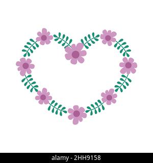 Cadre fleuri en forme de coeur.Bordure avec de jolies fleurs et feuilles simples.Illustration vectorielle plate sur fond blanc. Illustration de Vecteur