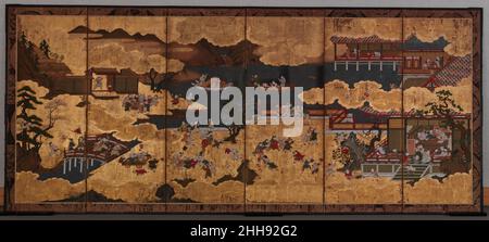 Cent Chinois garçons 18th siècle Japon Un somptueux domaine, comprenant un pont et un pavillon au-dessus d'un lac, est situé sur un fond doré chatoyant et des nuages dorés et animé par des enfants cadorants.Le motif conventionnel de cent enfants a des connotations favorables évidentes dans la tradition chinoise.Ici, le sujet antique est combiné avec le thème moralisant des quatre Réalisations de Gentlemanly (calligraphie, peinture, musique, et le jeu de Go), qui engagent les enfants.Cent enfants sont devenus l'un des thèmes les plus populaires parmi les peintres Kano, le ar officiel Banque D'Images