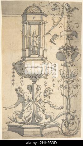 Candelabra grotesque avec un pavillon hexagonal sur un pied.1540 après Anonyme, Italien, 16th siècle Italien trois quarts d'un candélabre grotesque, copié après un imprimé publié par Cornelis Bos vers 1540.La conception est caractérisée par une structure architecturale qui peut être décrite comme un pavillon hexagonal.À l'intérieur, une figure féminine a été placée qui tient à méandering acanthus défile.Le pavillon est soutenu par un pied auquel satyres ont été attachés.Sur le verso, un cadre est visible, caractérisé par un large bord extérieur foncé et une ligne fine à l'intérieur.Candélabre Gro Banque D'Images