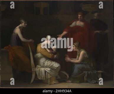 Andromache et Astyanax ?1813–17; 1823–24?Pierre Paul Prud'hon Français Prud'hon, représentant principal du néoclassicisme, qui a typiquement peint dans cette technique fumée et sfumato, travaillait sur cette toile en 1814 et prévoyait la vendre à l'ancienne impératrice de France, Marie Louise.Encore incomplète quand Prud’hon est mort, elle a été finie par son élève peu connu, Charles Pompée le Boulanger de Boisfrémont.Le sujet de la dévotion familiale est tiré de la tragedienne française racine: Andromache embrasse son fils, Astyanax, dans lequel elle voit les traits de son mari, Hector, qui avait été tué par Achill Banque D'Images