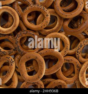 fond de coquelicot bagels, vue de dessus, concept de boulangerie alimentaire Banque D'Images