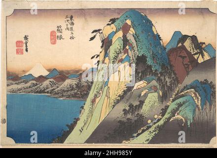 Hakone ; Kolui ca.1833–34 Utagawa Hiroshige Japonais bénéficiant d'un paysage splendide, le col Hakone a néanmoins présenté un voyage en montagne extrêmement difficile aux voyageurs.On pouvait regarder depuis le col au-dessus des eaux claires du lac Ashi vers le sommet du Mont Fuji et le sanctuaire Hakone dans une forêt sombre.Le sentier de montagne escarpé et étroit illustré ici nous permet de voir une longue procession.Cet imprimé démontre le génie de Hiroshige dans la traduction de la nature en composition graphique.Hakone ; Kolui.Utagawa Hiroshige (japonais, Tokyo (Edo) 1797–1858 Tokyo (Edo)).Japon, ca.1833–34.Imprimé blocs de bois; Banque D'Images